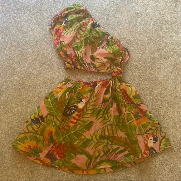 Farm Rio Macaw Leaves Linen-Blend Cutout Mini One-Shoulder Dress, sz XS - Picture 6 of 12